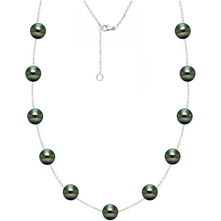 8mm x 10mm Black Tahitian Pearl 14kt Yellow Gold over Silver Station Necklace, 18 with 2 Extender