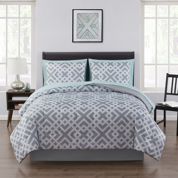 Mainstays Gray Geometric 8 Piece Bed in a Bag Comforter Set With Sheets