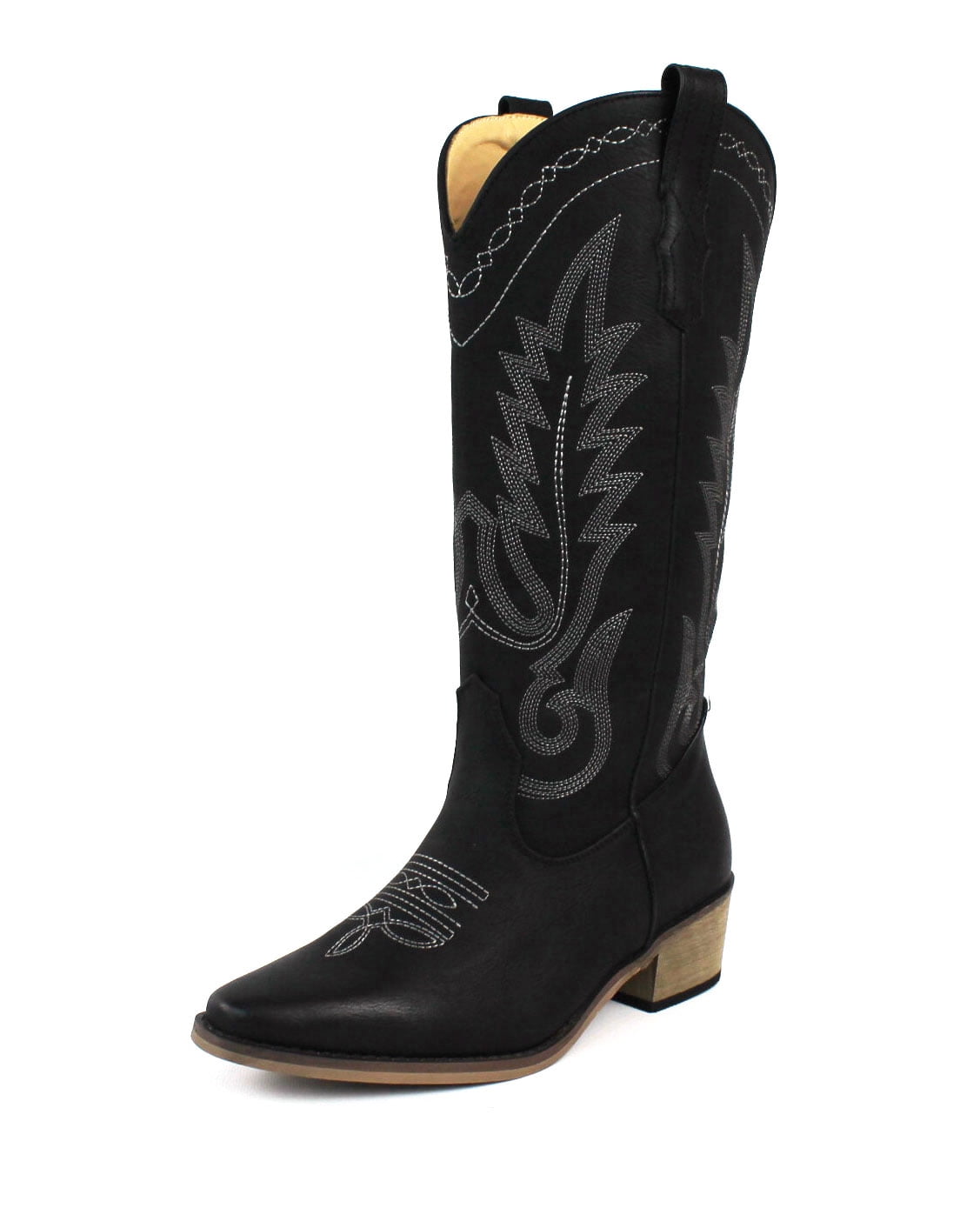 Soda Women's Reno Western Cowboy Boots - Pointed Toe Knee High Pull-On Boots With Tabs, Black PU, Size 7 - View #7
