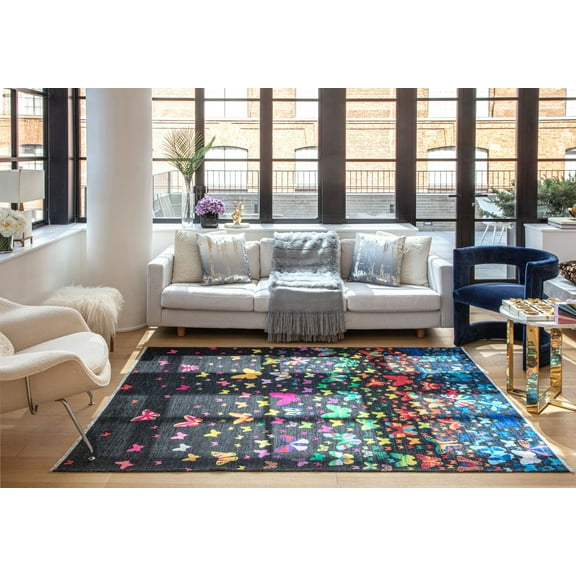Elizabeth Sutton MI55B Winging It Graphic Modern Black Area Rug, 2'7" x 8'