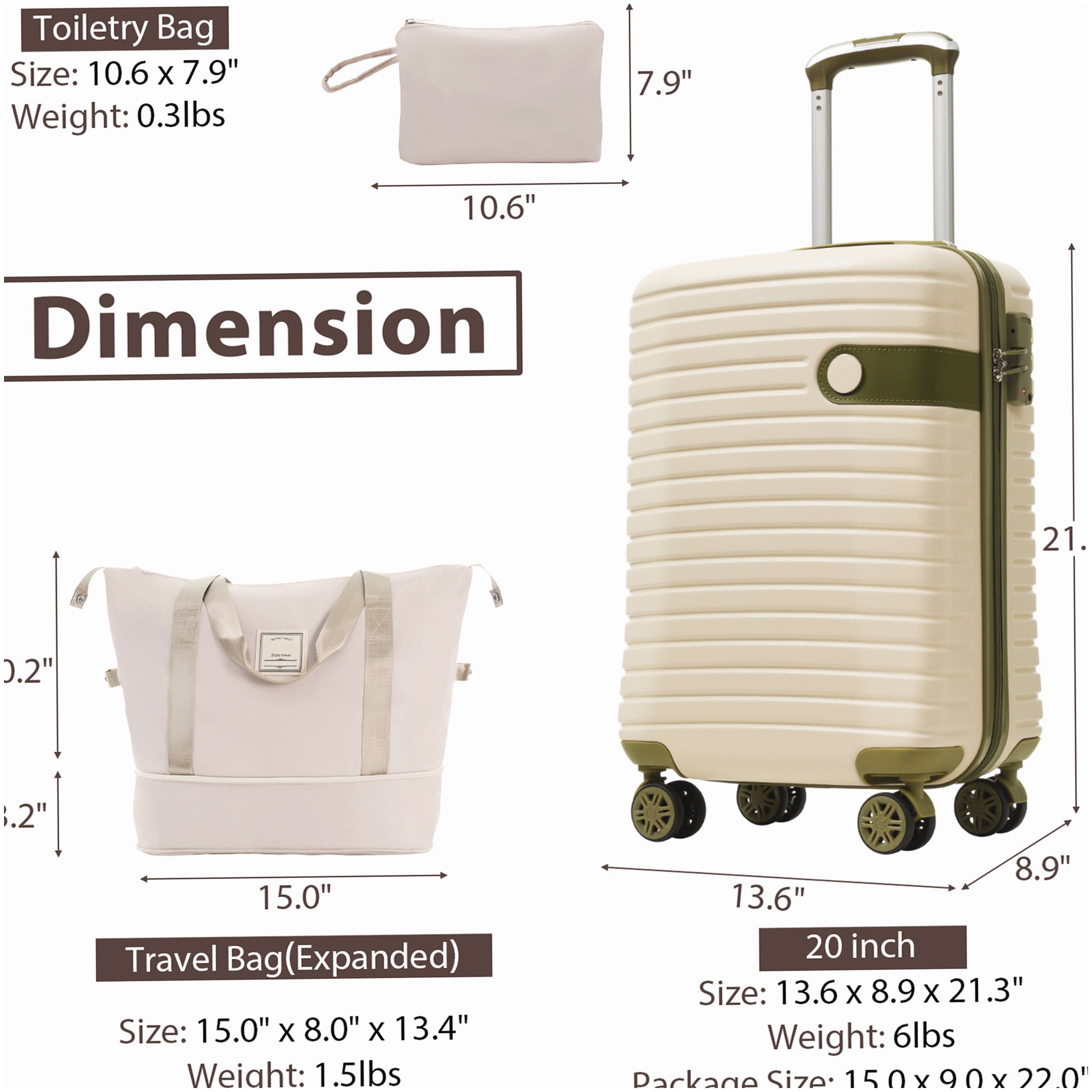 3 Piece TSA Lock Carry On Luggage Set, Lightweight Hardshell Spinner Suitcase Airline Approved, White and Green