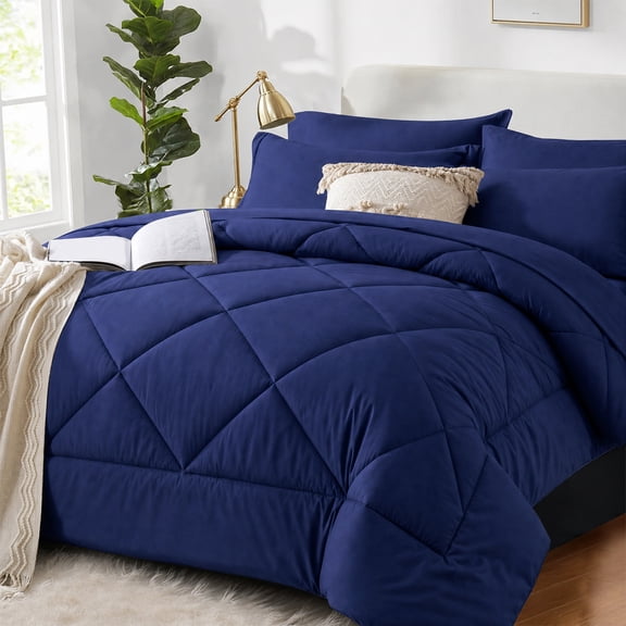 Flymme Dark Blue Comforter Set with Sheet,7 Pieces Bed in a Bag Queen Size Bed Set Soft Microfiber Complete Bedding Sets for All Season