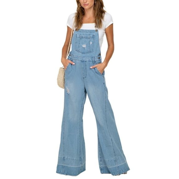 Denim Bib Overalls for Women Bule Washed Ripped Baggy Flared Jean Jumpsuit Loose Fit Romper Pants with Pockets for Streetwear