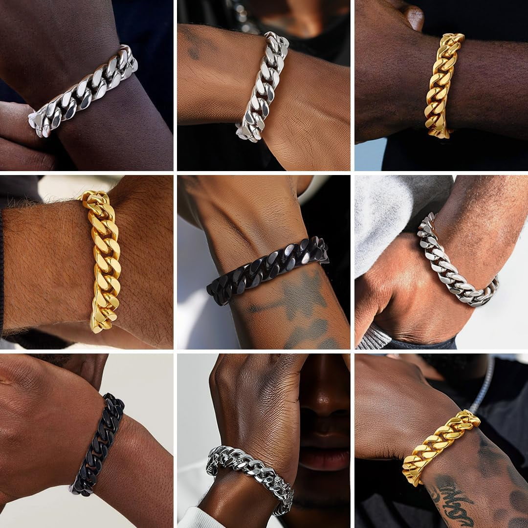 Leander Stainless Steel Cuban Link Bracelet for Men, 5mm/7mm/9mm/12mm Width, 7.5"/8.3"/9" Length, Black/18K Gold Plated Chain Wrist Bracelets for Men, with Gift Box