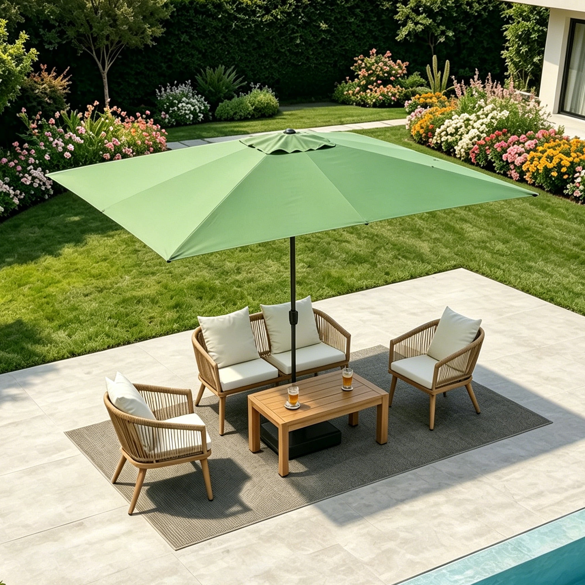 Kool 10x6.5ft Rectangular Patio Umbrella with Crank Handle, Outdoor Market Umbrella with 6 Sturdy Umbrella Ribs, Waterproof, Green