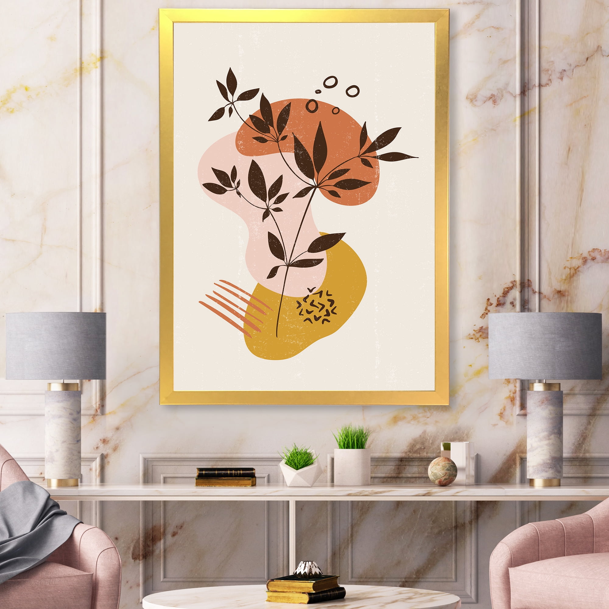 Designart 'Minimalist Shapes With Ancient Plant II' Modern Framed Art Print