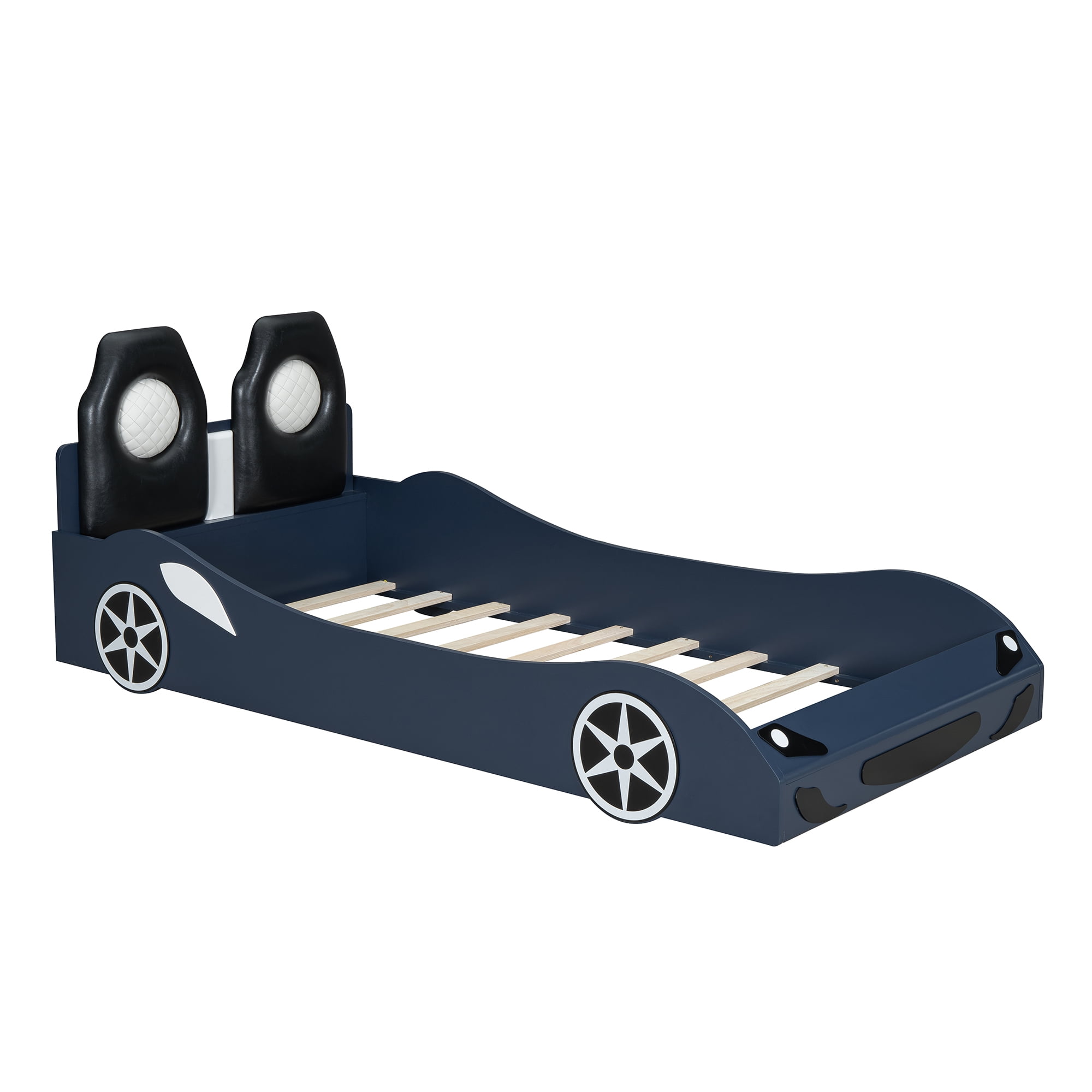 Harper & Bright Designs Twin Size Race Car Bed for Boys, Car Shaped Bed with LED Light and Upholstered Backrest, Wood Car Bed Platform Frame Bed, Blue