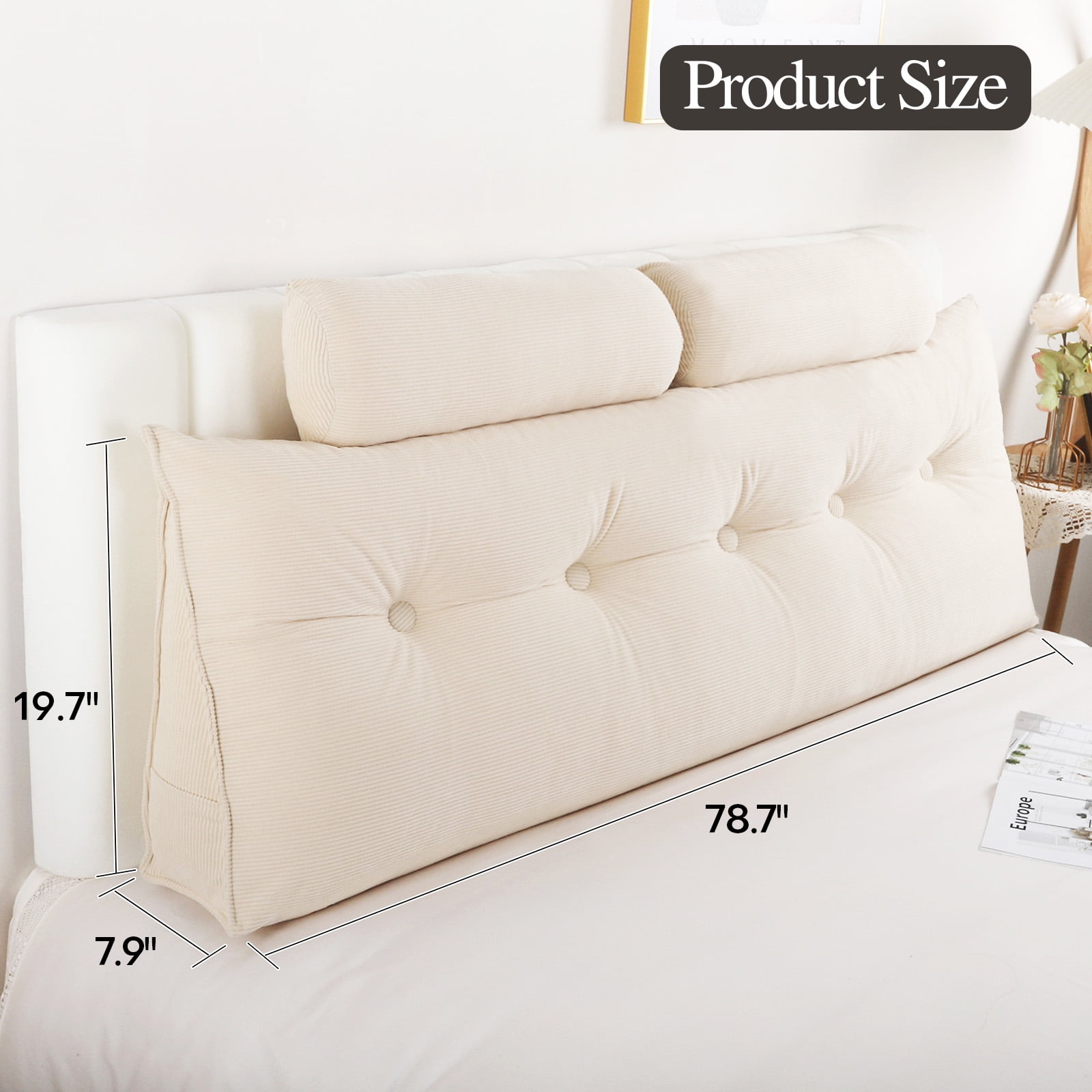 Lovote Bed Headboard Wedge Pillow with Neck Roll Pillow Ultimate Back Support and Comfort, 79"x20",Khiki