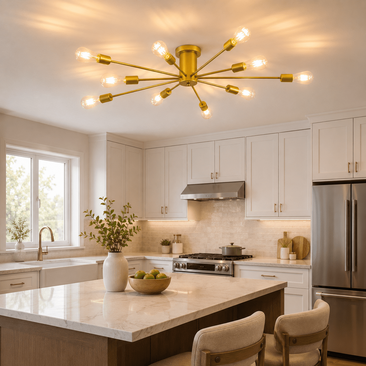 Garwarm 10-Light Gold Sputnik Chandelier, Modern Semi Flush Mount Ceiling Light, Industrial Ceiling Lighting Fixture for Dining Room, Living Room, Bedroom, Kitchen, Foyer