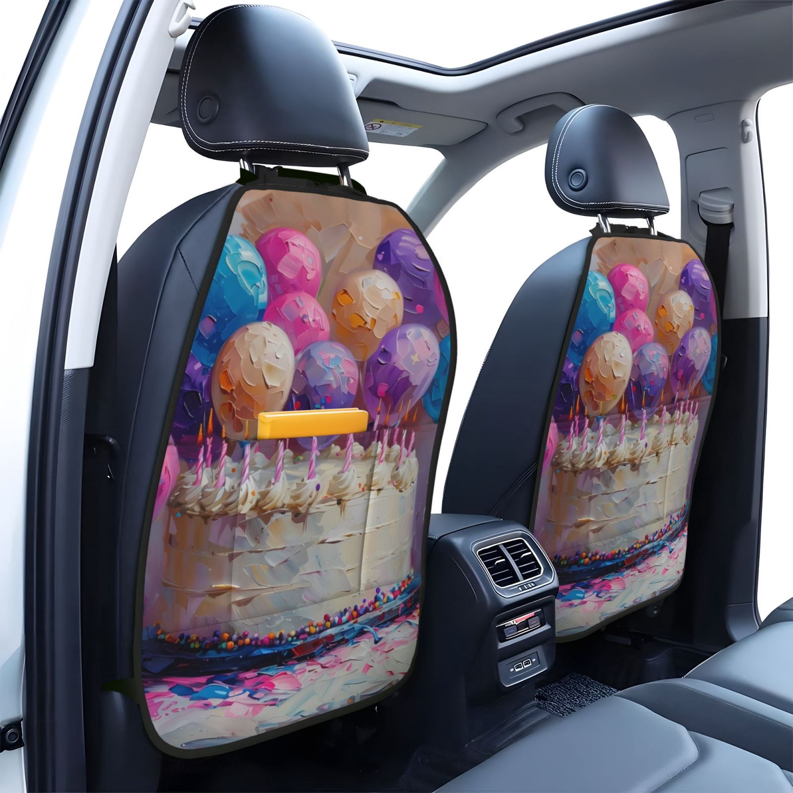 Xecao Colorful Balloon Cake Celebration Pattern Car Seat Back Protector 2 Pack Large Capacity Pocket, Kick Mats Back Seat Protector