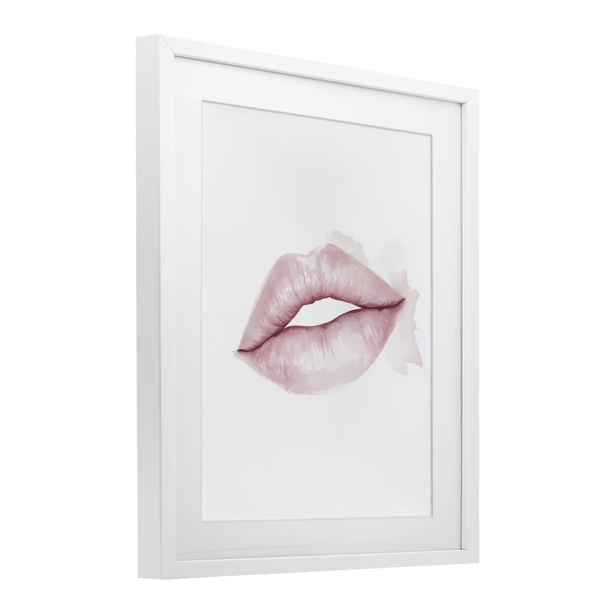 Pink Lips Watercolor White Framed Print Under Glass, design by Christine Simpson Art