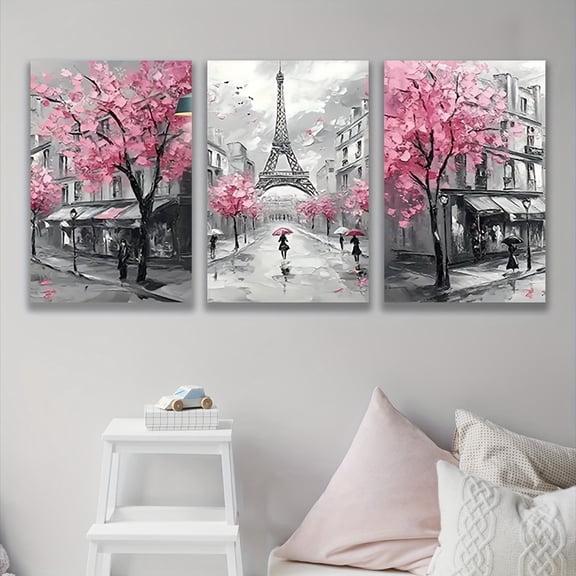 [2D Flat] 3pcs, Decorative painting--frameless, Artist'S drawing set, Romantic Paris Eiffel Tower with Cherry Blossoms Wall Art Print, Home decoration, holiday gifts, birthday gifts, Father'S Day, M