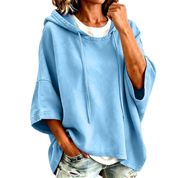 Njagoc3 Womens Oversized Sweatshirts Solid Color Hooded Batwing Sleeve Sports Pullover Fall Winter Top