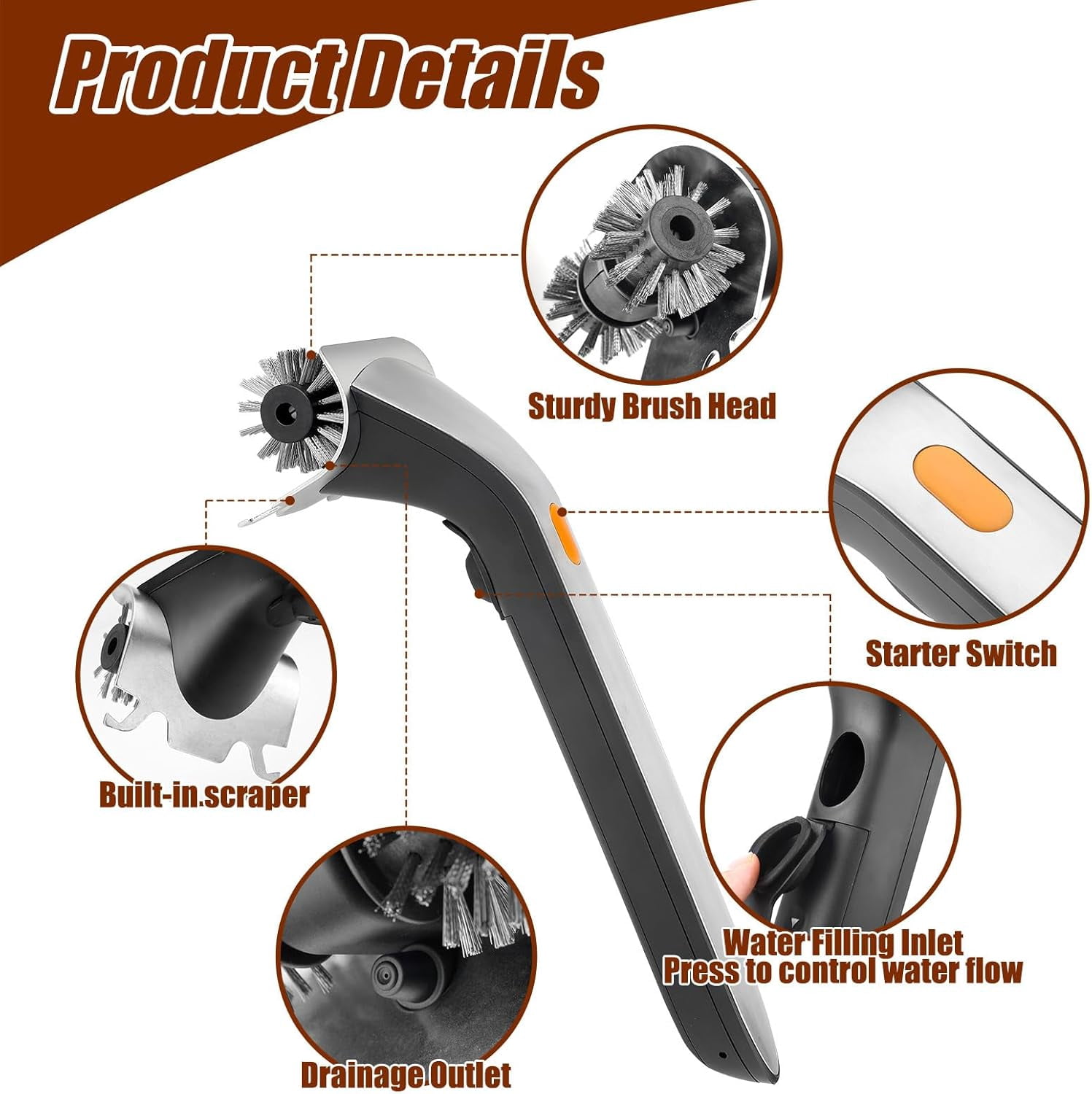 Electric Steam Grill Brush with Motorized Steel Bristles Stainless Steel Handle for BBQ Cleaning