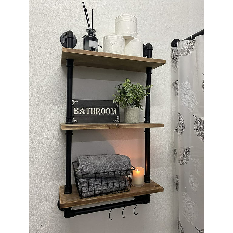 ROGMARS Industrial Pipe Shelving Bathroom Pipe Shelves with Towel Bar,2 Tier 24 inch Retro White Rustic Farmhouse Pipe Wall Shelves Bathroom Shelves