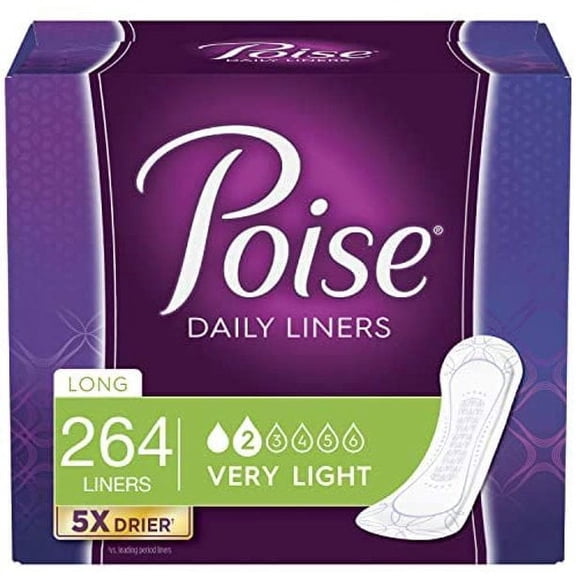 Poise Daily Incontinence Panty Liners, Very Light Absorbency, Long, 264 Count (6 Packs of 44) (Packaging May Vary)