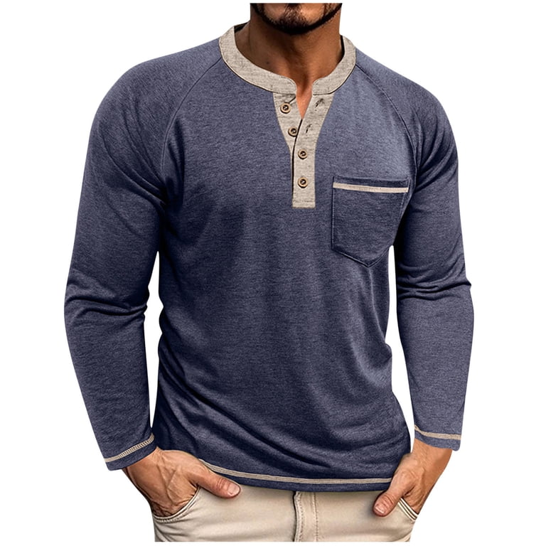 Mens Henley Shirts Long Sleeve Button Vintage Solid Golf Regular