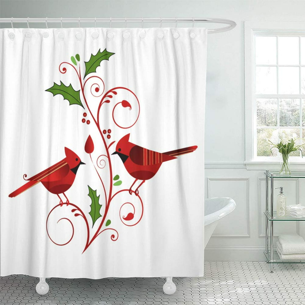SUTTOM Green Bird Red Cardinals Christmas Flourish Mistletoe Holiday Winter Shower Curtain 60x72