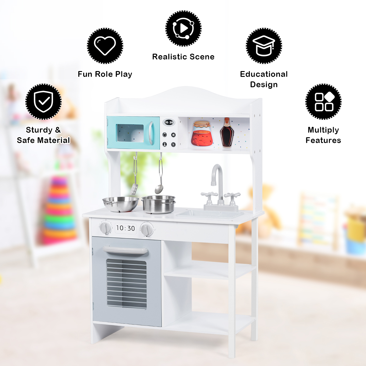 INFANS Kids Kitchen Playset, Toddler Wooden Pretend Cooking Set With R