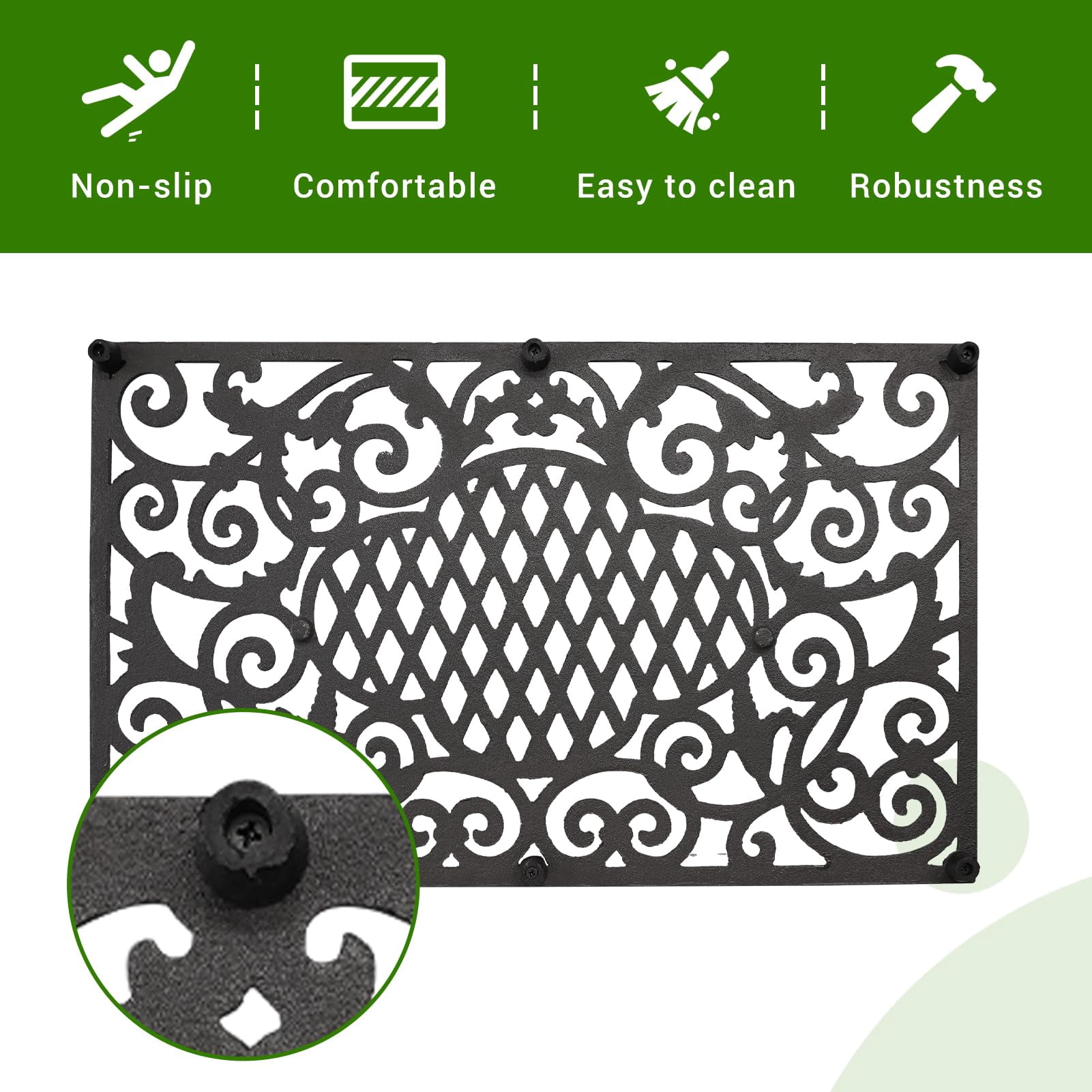 SINDA Front Door Mat Cast Iron Doormat Heavy Duty Non-Slip Stain and Dirt Resistant Front Doormat Outdoor (Black, 24" L x 14" W, Magic Cloud)