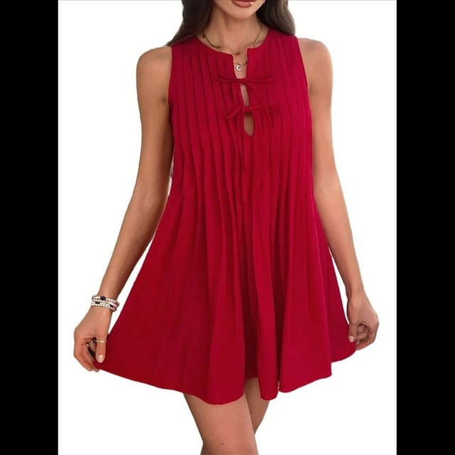Robe Mini à Nouer devant pour Femmes Été Sans Manches Plissée Décontractée Ample Style Babydoll Robes Rouge G