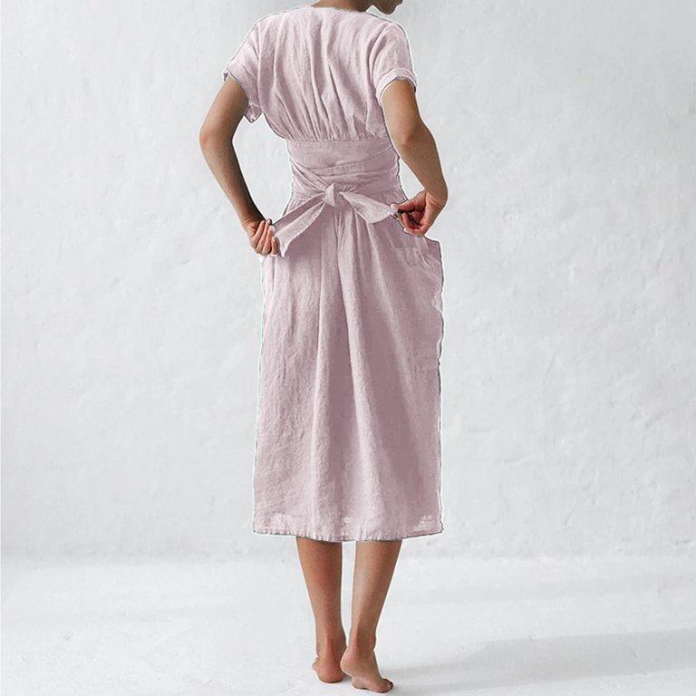 Women's V Neck Cotton Linen Wrap Midi Dress Short Sleeve Casual Solid Color  High Waisted Dresses with Pockets - Walmart.com