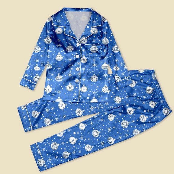 Huowey Christmas Family Silk Pajamas Matching Sets Long Sleeve Button Down Cute Snowflake Snowman Print Loungewear Lightweight Soft Comfortable Holiday Sleepwear For Kids,Blue,7-8 Years