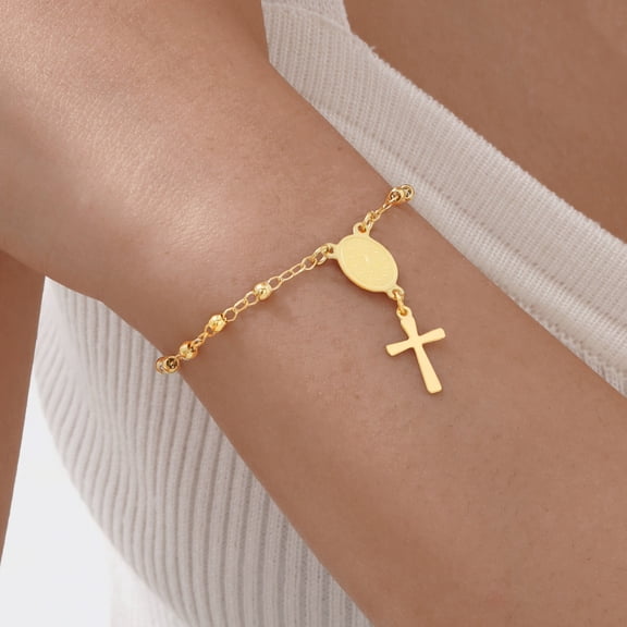 Cross Rosary Bracelet for Women, 14K Gold Filled Virgin Mary Religious Prayer Bead Adjustable Link Chain Fashion Jewelry