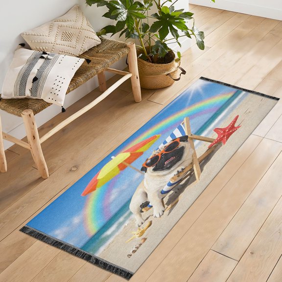 Ryvnso Pug Dog Beach Bedroom Runner Rug 2'x6' Hallway Area Carpet Non Slip Entryway Mat with Tassels