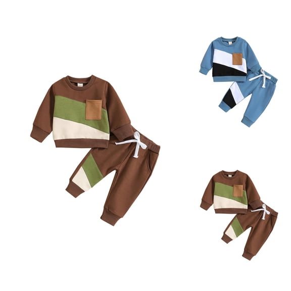 Solid Color Boys Sweatshirts Toddler Baby Boy Fall Winter Clothes Color Block Long Sleeve Sweatshirt Pullover Tops Joggers Pants Outfit Set Boys Sweatshirts