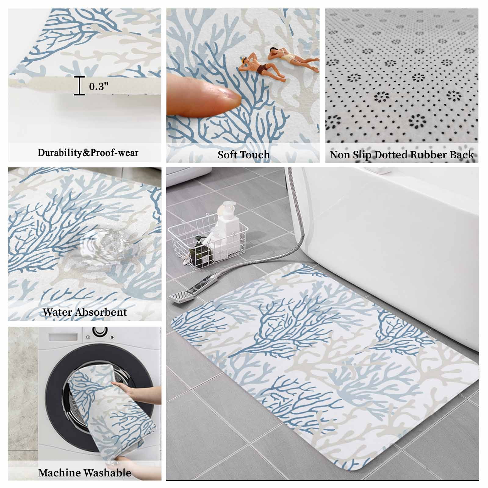 Blue Grey Coral Coastal Bath Mat 3 Piece Bathroom Rug Set, Summer Beach Seaside Nautical Non Slip Bath Rug Contour Mat and Toilet Lid Cover, Absorbent Shower Mats Soft Bath Rugs and Mats Sets