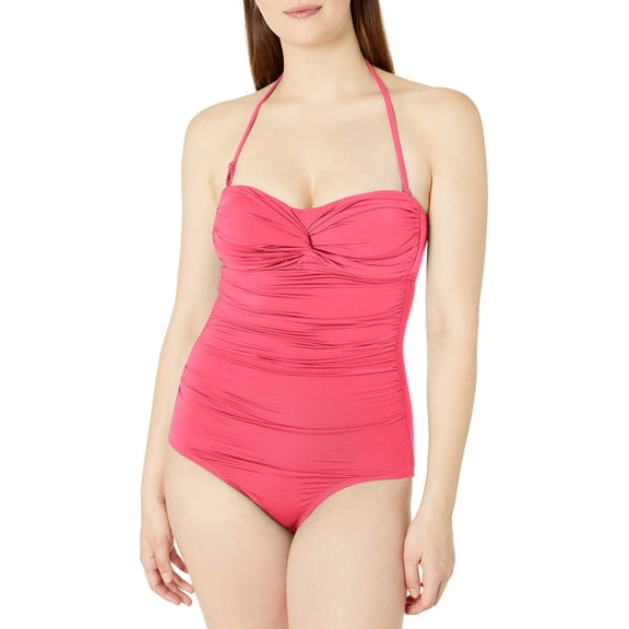 Cole of California Women's Super Solids Loop Front Shirred One Piece Swimsuit, Coral, 6