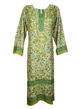 Mogul Women Green Paisley Print Long Tunic Dress Floral Hand Embroidered Silk Blend Dresses XL