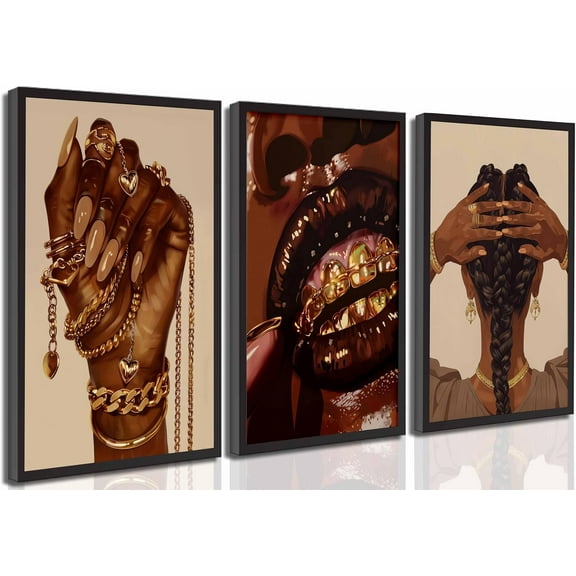 3 Pcs African American Woman Canvas Wall Art Fashion Afrocentric Black Girl Grill Melanin Paintings Pictures Wall Decor Poster Print Artwork for Living Room Bedroom Home Decoration Unframed