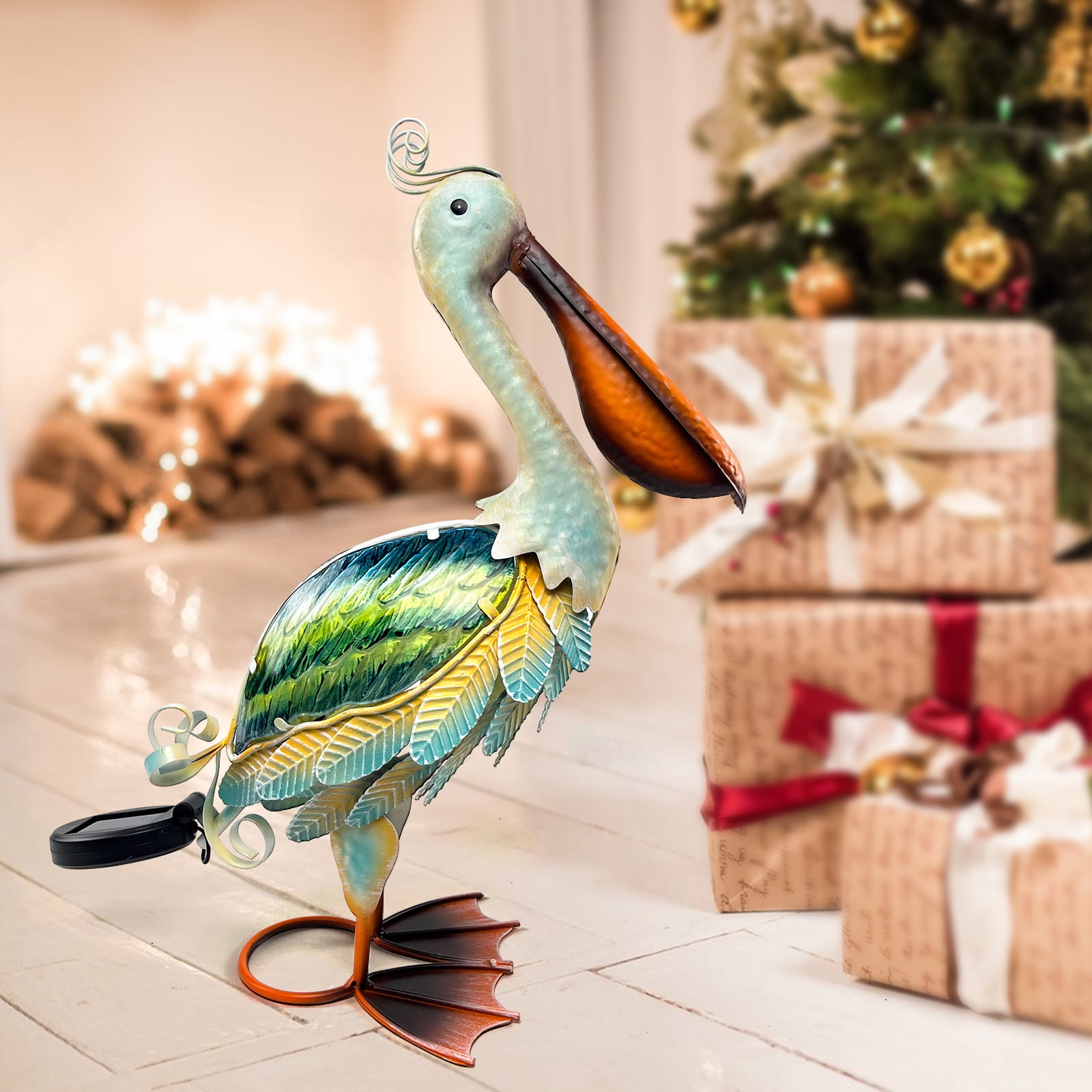 HONGLAND Solar Metal Pelican Garden Statue, 3D Glass Outdoor Pelican Yard Art for Porch Patio,Easy Assemble-19 inch