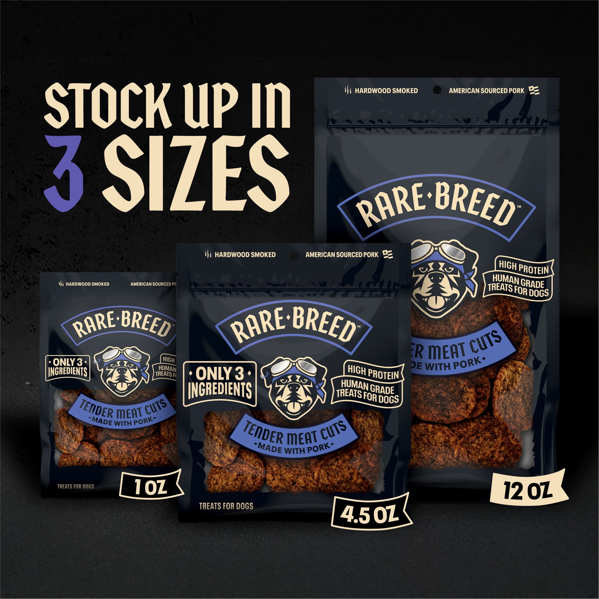 Rare Breed Dog Treats, 12 Ounce, Tender Meat Cuts Made with Pork, 3 Ingredients, Human Grade, for all Dog Sizes