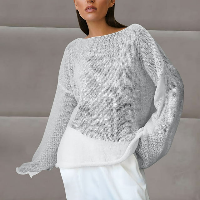 Ailaofu Women's Oversized Sweater Jumper Boat Neck Lightweight Sheer Knit Top Pullover