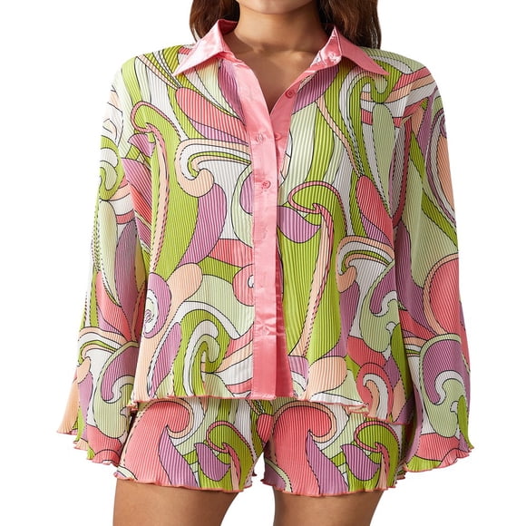 Women 2 Piece Shorts Suit Casual Tracksuit Outfits Long Sleeve Button Down Shirt Top High Waist Shorts Set