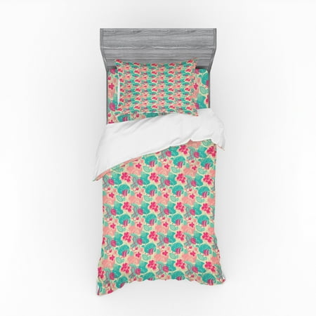 Retro Duvet Cover Set Doodle Style Flowers And Foliage Leaves