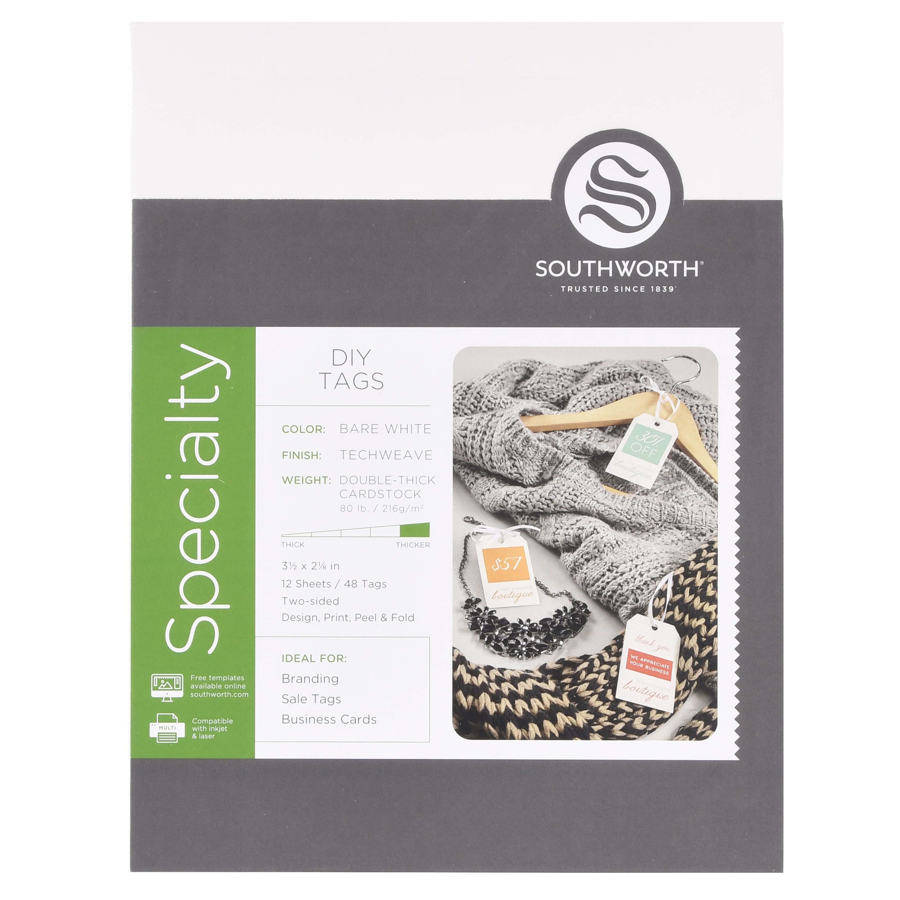 southworth diy tags, 3.5" x 2.12", 80 lb., techweave finish, bare white, 48  tags