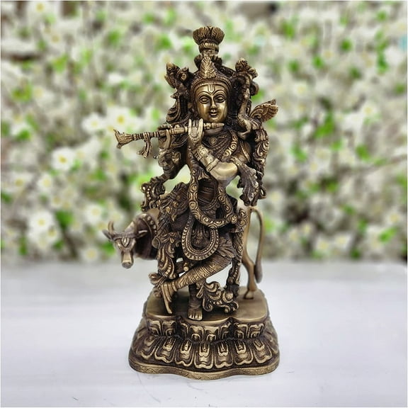 Lord Krishna with Cow in Brass Krishna Statue Standing Krishna Sculpture Hindu God Statue Krishna Figurine Indian Home Temple Decor Krishna Murti God of Love Religious God Statue - AtoZ India Cart