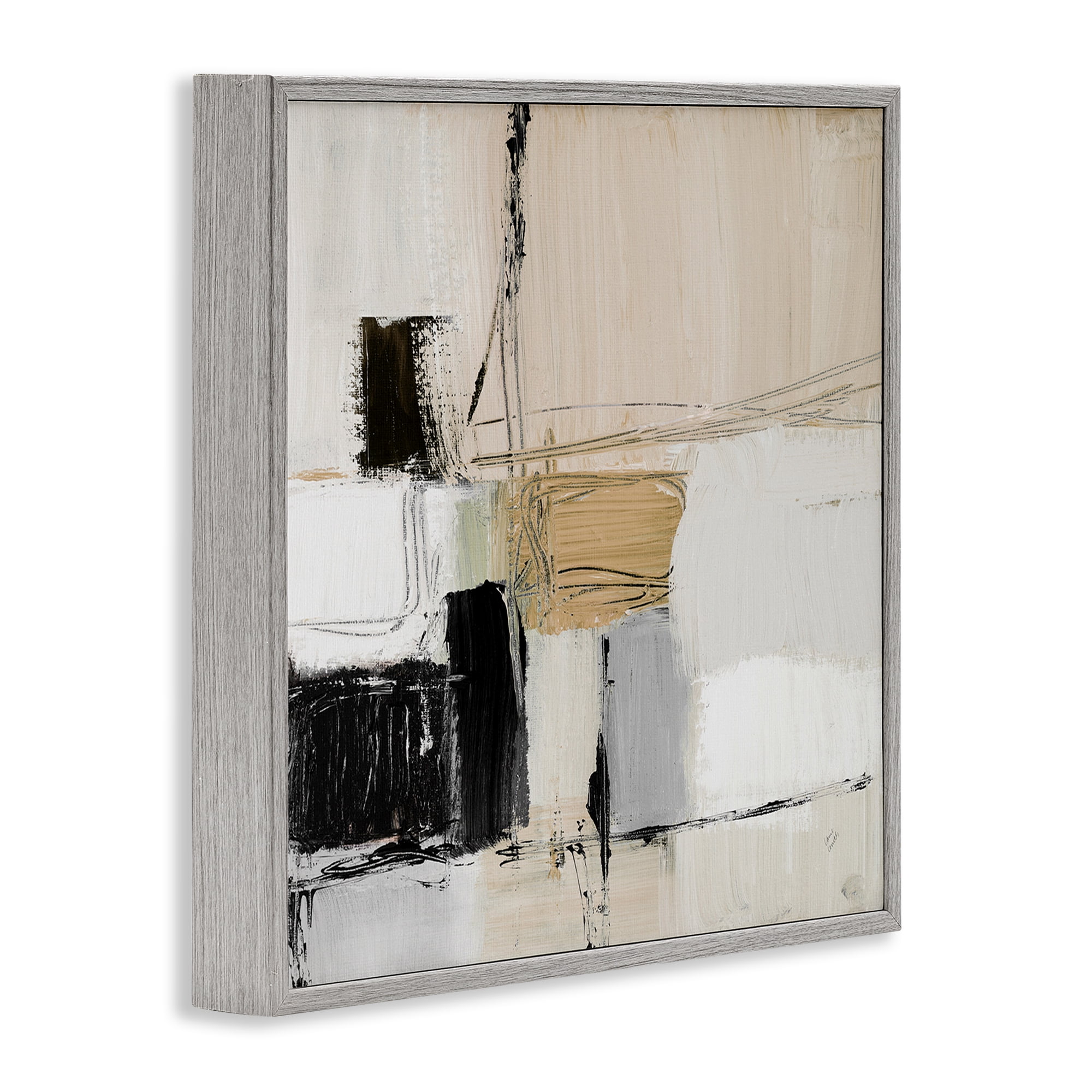 Stupell Industries Beige Black Organic Collage Abstract Painting Gray Framed Art Print Wall Art, 12 x 12