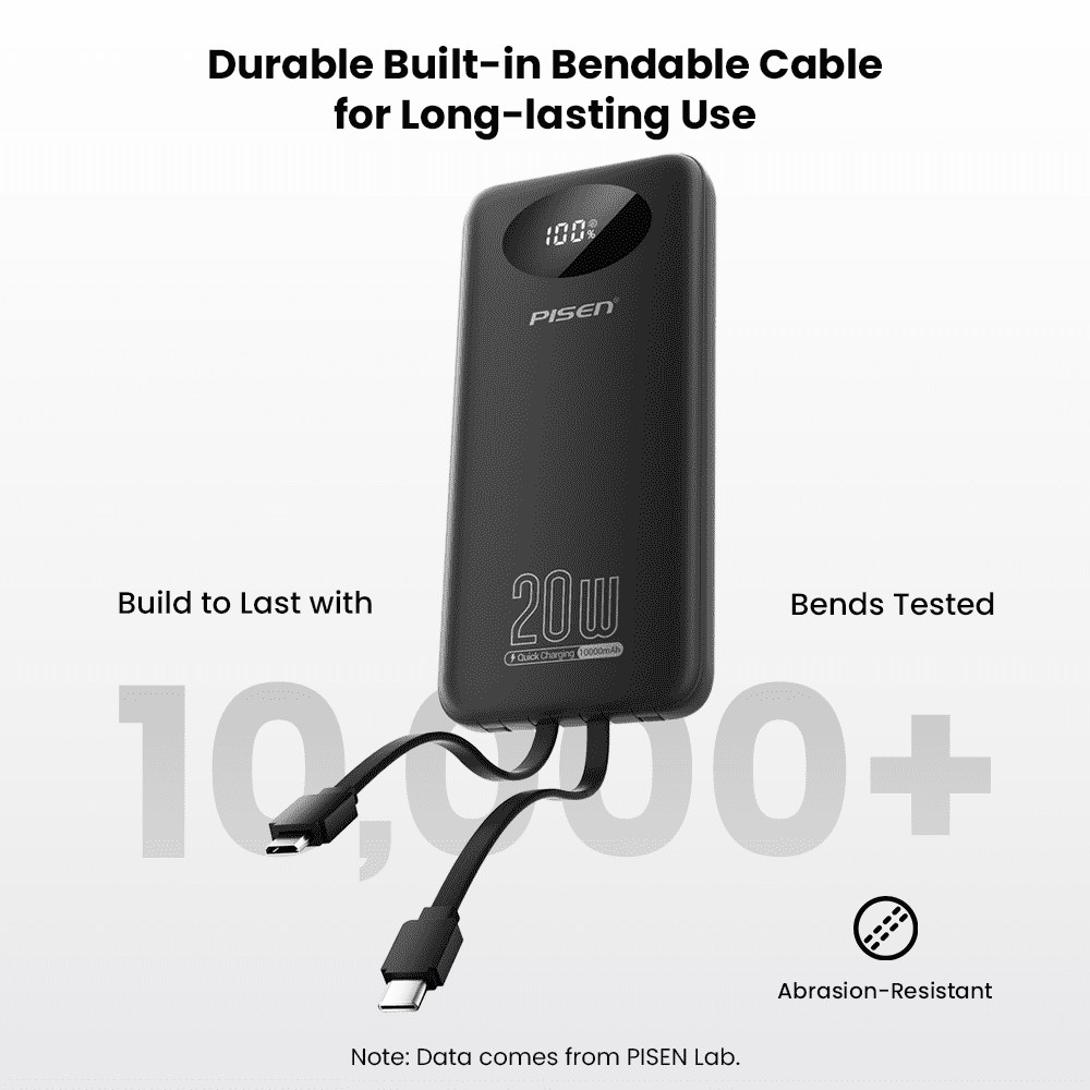 PISEN 3C Certified Power Bank ,10000mAh 20W Fast Charging Battery Pack, Travel Battery Pack Portable Charger with LED Display, Portable Charger with Built in Cable for iPhone, Samsung and More