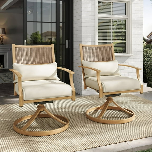 Poteban Patio Swivel Chairs Set of 2, Outdoor Dining Chairs with Deep Seat Cushion, All Weather Swivel Rocker Chairs with Hand-Painted Metal Frame, for Backyard Deck (Khaki)