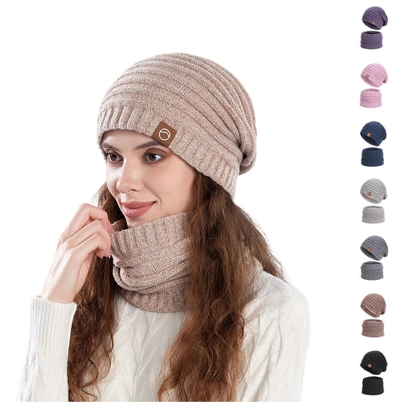 YABCSAZ Winter Hat and Scarf Set for Women, Fleece-Lined Knitted Hooded Beanie with Thickened Warm Ear Protection, Acrylic Cap and Scarf 2-Piece