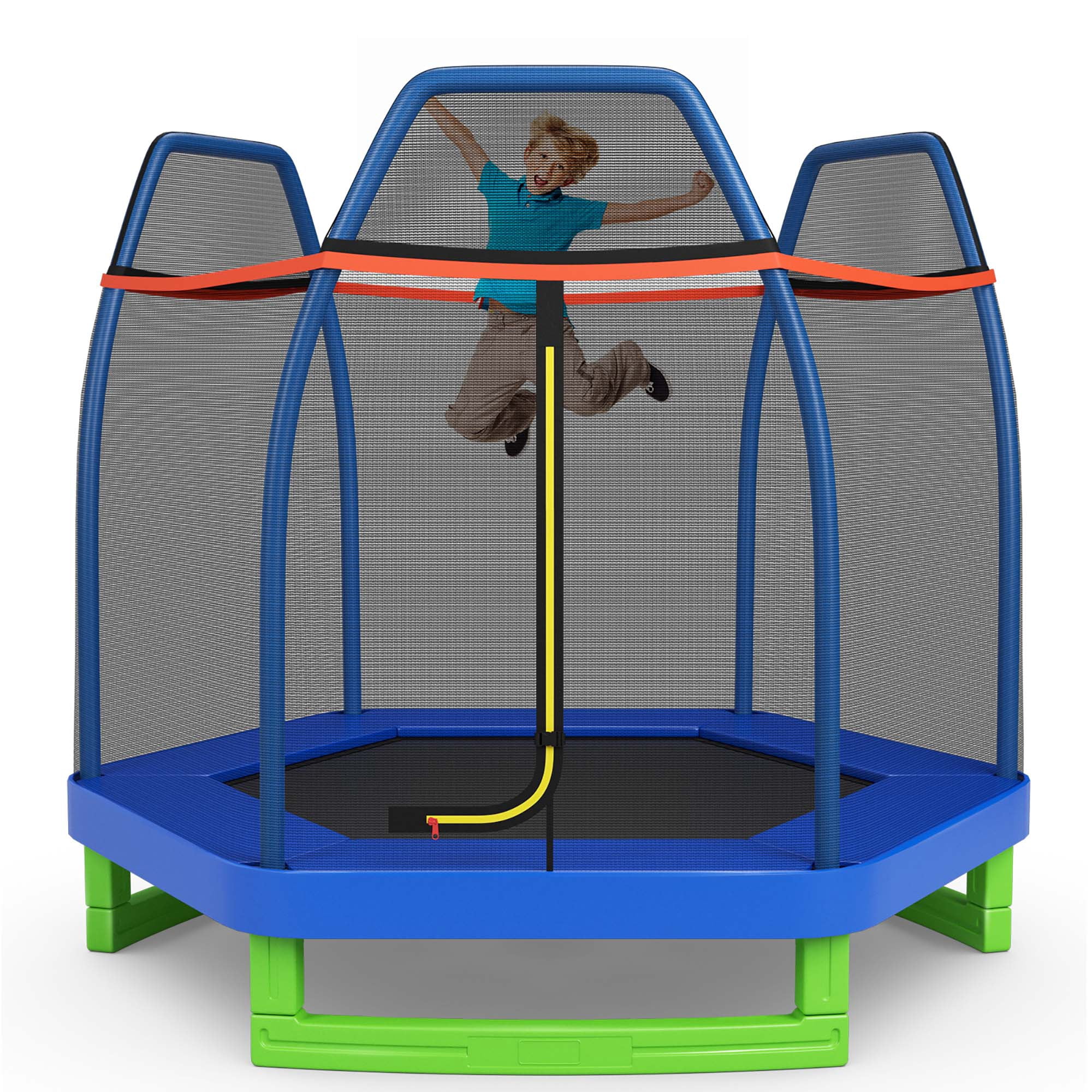 Costway 7 FT Kids Trampoline with Safety Enclosure Net Spring Pad Indoor Outdoor Heavy Duty Blue