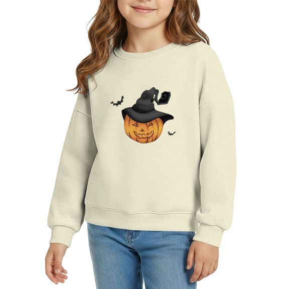 YunPes Unisex Kids Sweatshirt Boys & Girls Halloween Witch Hat Pumpkin Graphic Pullover Long Sleeve Crewneck Tops Spring Fall School Daily Wear
