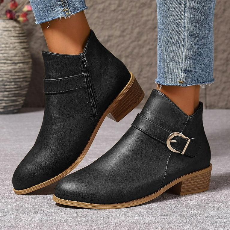 navy blue dress for baby girl Oyedens Women's Chelsea Short Boots for Ladies Winter Fall Trendy Buckle Leather Low Heel Zipper Dress Ankle Booties, Size: 6.5, Black