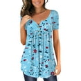 thumbnail image 2 of Wycnly Womens Blouses and Tops Dressy Comfy Lightweight Flowy Swing Button up Henley Shirts Pullover Tunic Summer Floral Print V-Neck Short Sleeve Cute Tees Tops Light Blue XL, 2 of 5