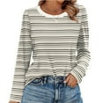 thumbnail image 5 of XPMWRP Women's Long Sleeve Top Blouse Fall Casual Trendy Colourful Striped Sweatshirt Crewneck Loose Casual Shirts Khaki M, 5 of 7